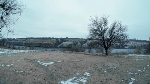 Winter on an island surrounded by bare trees of dry grass of rocks and a cold Stock Footage 100337164