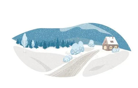 Winter isolated landscape vector background. Nature rustic scene with cute house イラスト素材