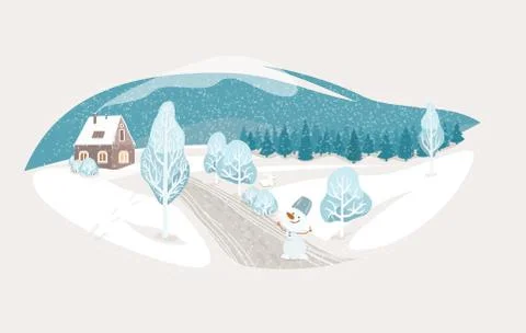 Winter isolated landscape vector background. Nature rustic scene with cute house イラスト素材