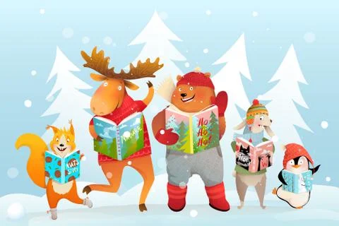 Winter Kids Animals Reading Books in Snow Forest Stock Illustration