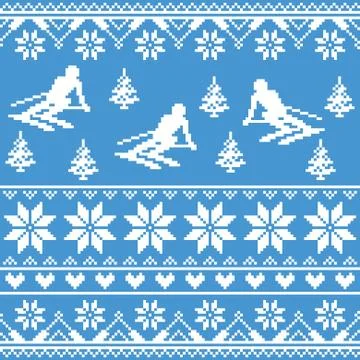 Winter knit pattern - man skiing on blue background Illustrazione stock