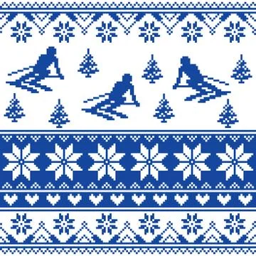 Winter knit pattern - man skiing - white and navy blue background Illustrazione stock