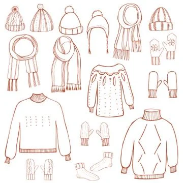 Winter knitted clothes set .  Vector  illustration. Stock Illustration