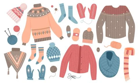 Winter knitted clothes set, wool knitwear collection with sweater jumper scarf 스톡 일러스트