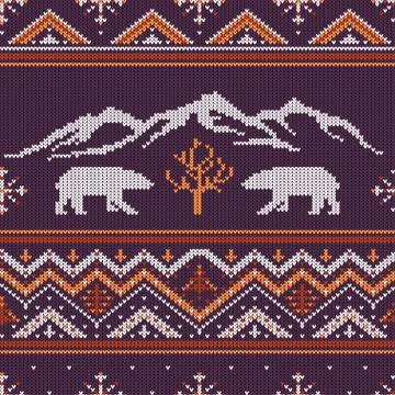 Winter knitted woolen pattern with polar bears on a background of mountains Illustrazione stock