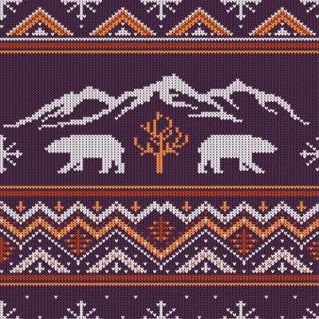 Winter knitted woolen pattern with polar bears on a background of mountains Stock Illustration
