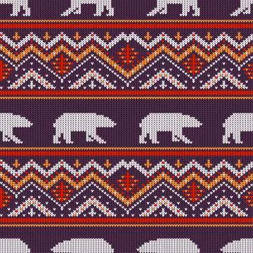 Winter knitted woolen pattern with polar bears and northern ornament Stock Illustration
