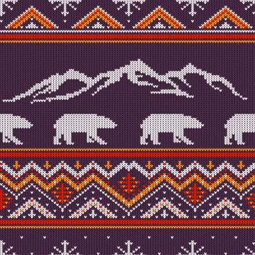Winter knitted woolen pattern with polar bears on a background of mountains Stock Illustration