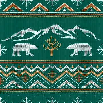 Winter knitted woolen pattern with polar bears on a background of mountains Stock Illustration