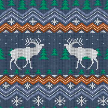 Winter knitted woolen seamless pattern with reindeer and Christmas trees Stock Illustration