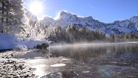 Winter at lake almsee, upper austria Stock Footage 126985386