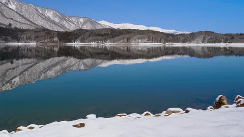 Winter Lake Aoki with mountains landscape in Nagano Prefecture, Japan. Stock Footage 104872231