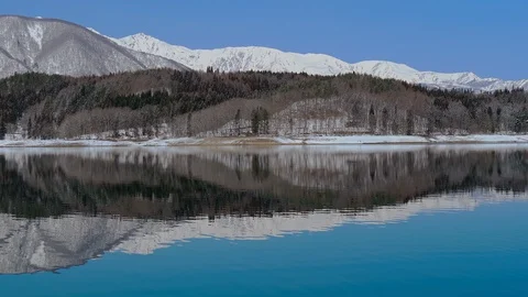 Winter Lake Aoki with mountains landscape in Nagano Prefecture, Japan. Stock Footage 104872803