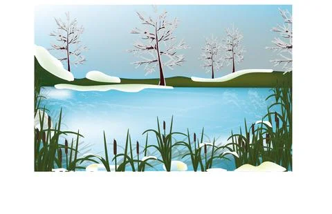Winter lake with reeds Illustrazione stock