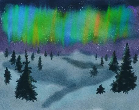Winter landscape with aurora borealis. Stock Illustration