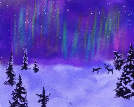 Winter landscape with aurora borealis Stock Illustration