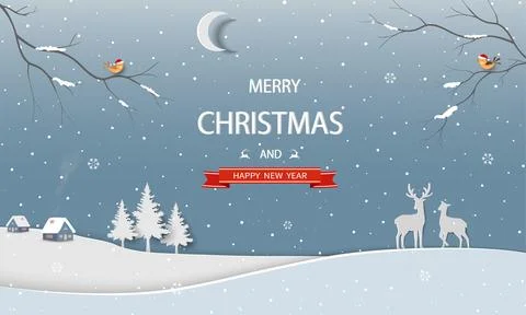 Winter landscape background with falling snow on night village for celebrat.. Stock Illustration