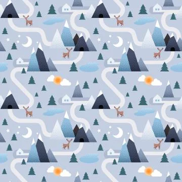 Winter landscape background. Mountain and trees seamless design. Stock Illustration