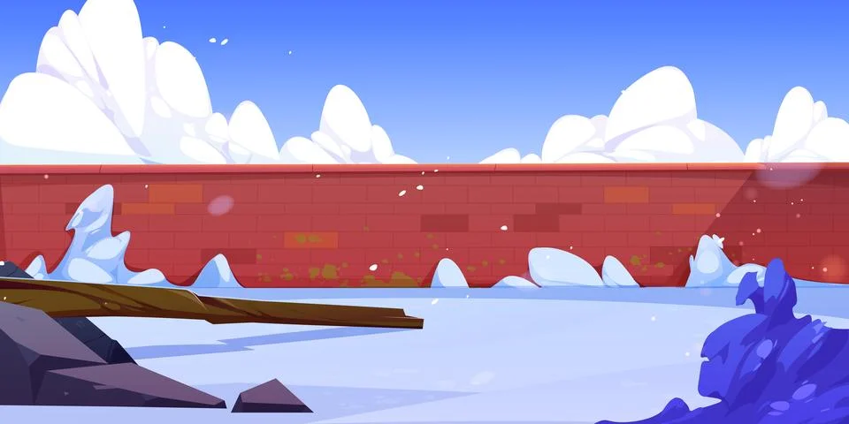 Winter landscape of backyard with brick wall Stock Illustration