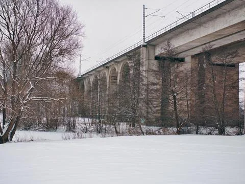 Winter landscape of bare trees with a bridge background 写真素材