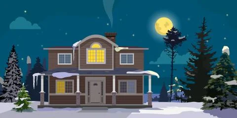 Winter landscape with big house and forest on background. Night, moon, trees Stock Illustration