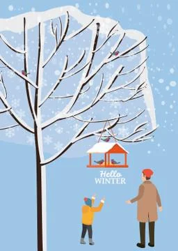 Winter landscape, bird feeder with feed, birds, dad with son stand near a tree イラスト素材