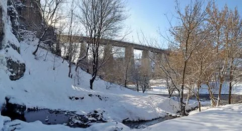 Winter landscape with the bridge Stock Photos