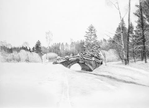 Winter landscape with a bridge Stock Photos