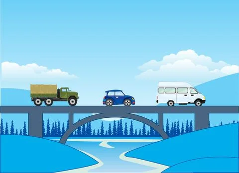 Winter landscape with bridge through river and car Stock Illustration