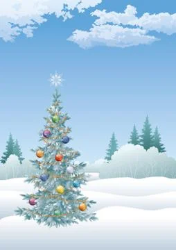 Winter landscape with Christmas tree Stock Illustration