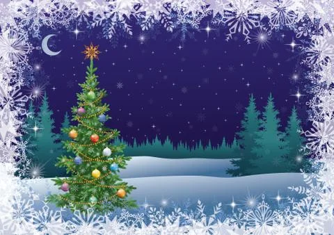 Winter landscape with Christmas tree Stock Illustration