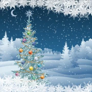 Winter landscape with Christmas tree Stock Illustration