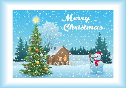 Winter Landscape with Christmas Tree Stock Illustration