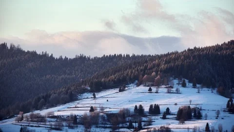 Winter landscape, clouds moving over spruce forest at dusk. Snowy meadow under Stock Footage 169596777
