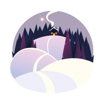 Winter landscape cottage in the hill path in the snow Stock Illustration