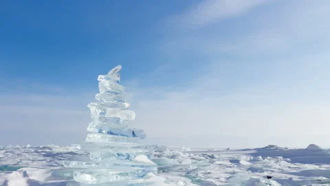 Winter Landscape. Crystal clear ice chunks. Pyramid of clear ice of Lake Baikal Video stock 87781409