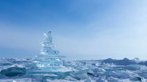 Winter Landscape. Crystal clear ice chunks. Pyramid of clear ice of Lake Baikal Stock Footage 87809620