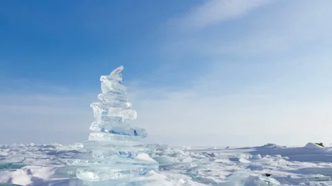Winter Landscape. Crystal clear ice chunks. Pyramid of clear ice of Lake Baikal Stock Footage 87809702