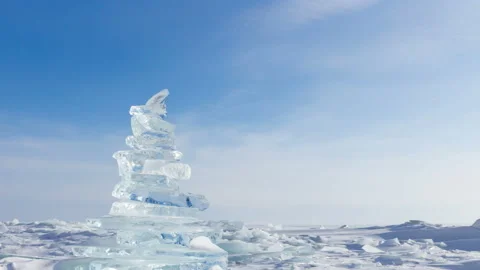 Winter Landscape. Crystal clear ice chunks. Pyramid of clear ice of Lake Baikal Stock Footage 87809828