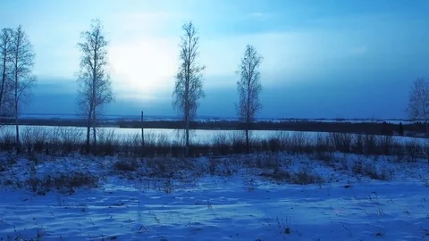 Winter landscape at dawn, the forest and river Video stock 82885042