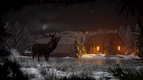 Winter landscape deer moon snow house scene Stock Footage 199163341