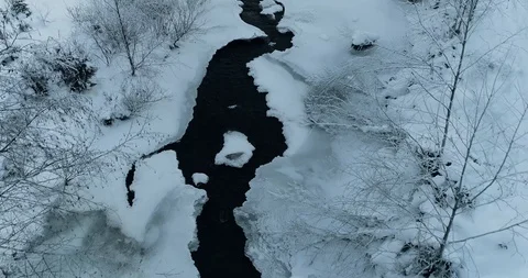 Winter Landscape - Drone Flying - 4K - Mountains - River Stock Footage 128699463