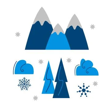Winter landscape elements. Mountains or hills, snowy peaks, drifts, trees, sn Stock Illustration