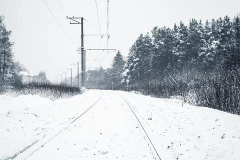 Winter landscape with an empty railway Stock Photos