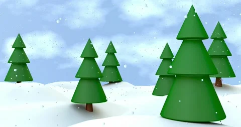 Winter landscape with falling snow and evergreen trees with cloudy sky 3d scene. Stock Footage 221850816