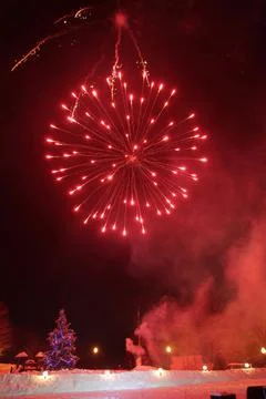 Winter landscape with fireworks Stock Photos