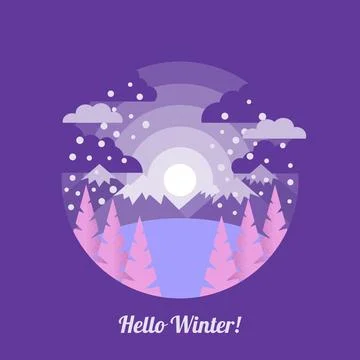 Winter landscape in flat style and inscription Hello winter . illustration .. Stock Illustration