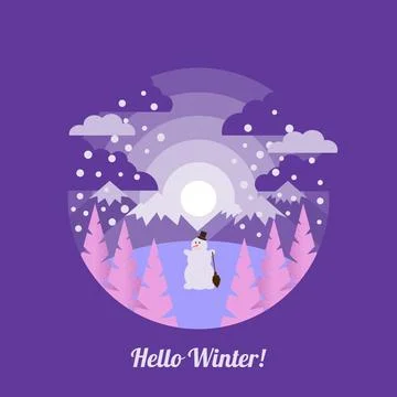 Winter landscape in flat style and inscription Hello winter . illustration .. Stock Illustration