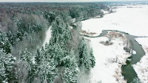 Winter landscape, flight over an unfrozen river. Beautiful trees covered with Stock Footage 261966878