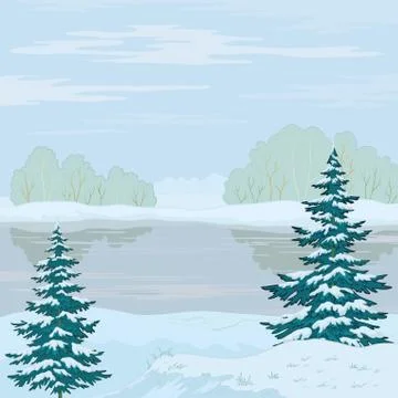 Winter landscape. Forest river Stock Illustration